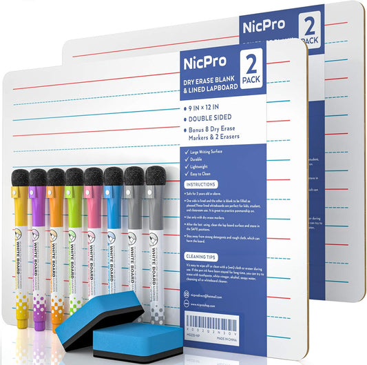 Nicpro Dry Erase Board with Lines 12 x 16 in, 2 Pack Kid Double Sided Lined White Board Dry Erase with 8 Pens, 2 Eraser, Small Learning Whiteboards for Kids, Students, Homeschool Essentials Supplies