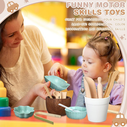 14pcs Sensory Bin Tool Sensory Tools for Boys and Girls Fine Motor Skill Toys Wooden Tong Spoons Bowls Plate Hammer Magnifying Glass and Rolling Pin for Transfer Work and Fine Motor Learning