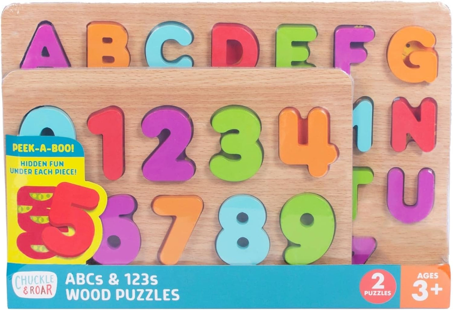 Chuckle & Roar - Wooden Puzzle ABC and 123 Theme 2 Pack - Peek a Boo Learning Puzzles for Toddlers - Hidden Pictures Under Each Piece - Educational Wooden Puzzles for Kids Ages 3+