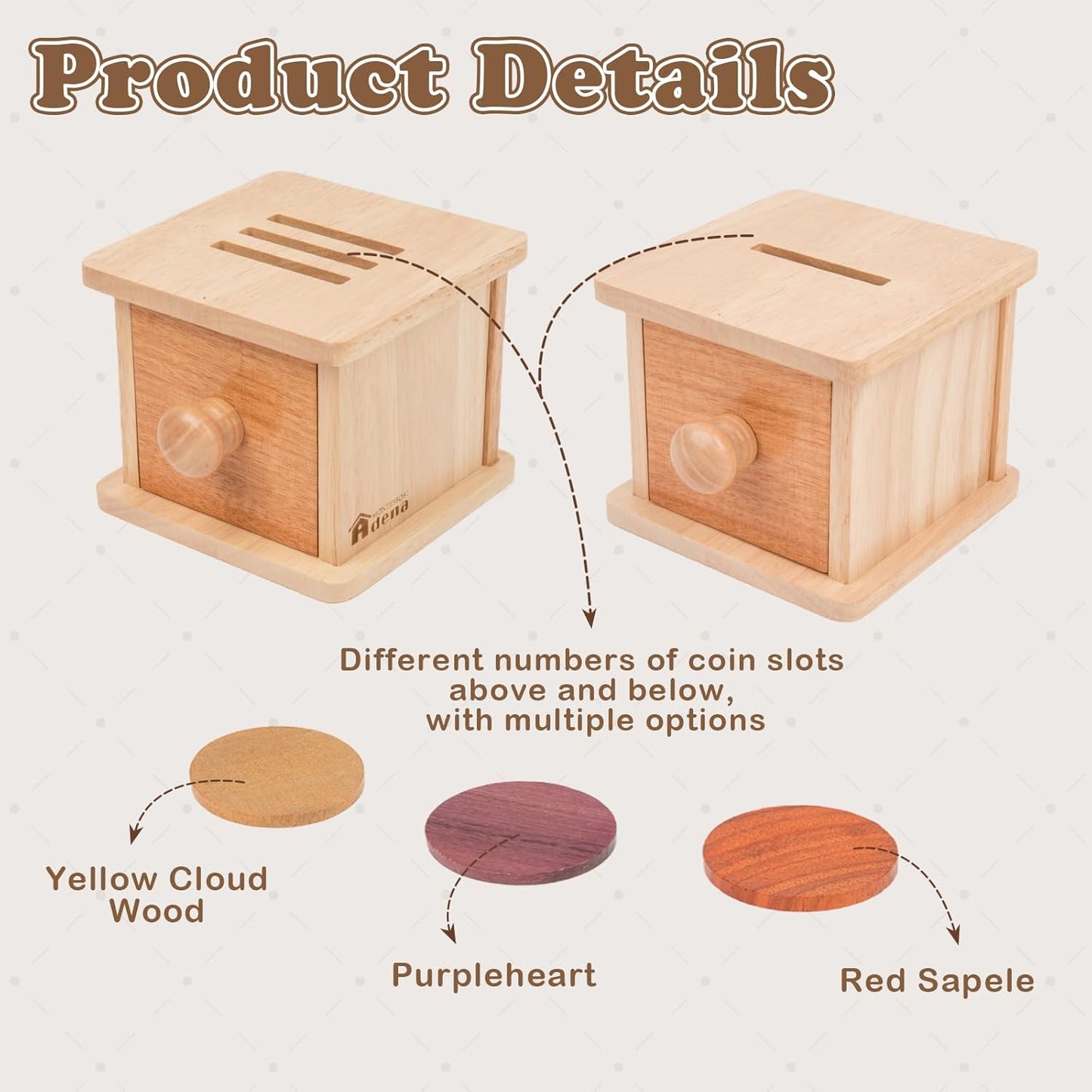 Adena Montessori Coin Box -Natural Wood Double-Sided Object Permanence Box Toy for 1-Year-Old Babies, Wooden Montessori Developmental Toy for 6-12 Month, Early Learning Gift