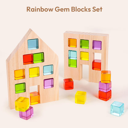 Woodtoe Wooden Building Blocks Set for Kids, 36 PCS Rainbow Acrylic Gem Blocks - 3 Wood House, Montessori Stacking Toy for Toddlers, Educational STEM Birthday Creative Toy Gift for Boys Girls 3-6