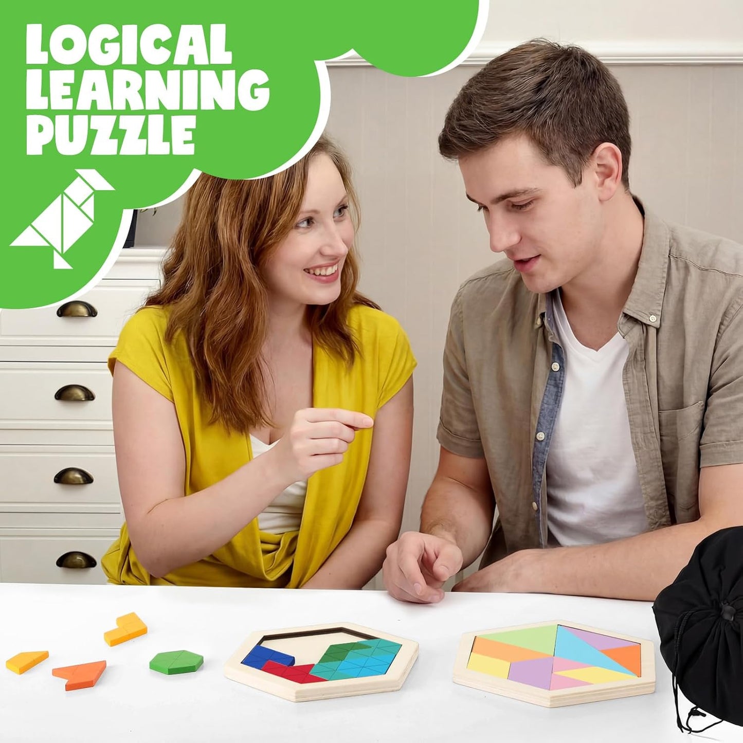 Yunsailing 3 Pack Large Hexagon Tangram Puzzle Wooden Brain Puzzles for Adult Challenge Wood Russian Blocks Brain Teasers Geometric Jigsaw Block Logic Iq Stem Family Graduation Gifts(Vintage)