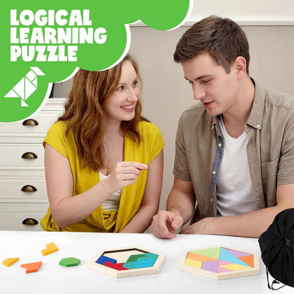 Yunsailing 3 Pack Large Hexagon Tangram Puzzle Wooden Brain Puzzles for Adult Challenge Wood Russian Blocks Brain Teasers Geometric Jigsaw Block Logic Iq Stem Family Graduation Gifts(Vintage)