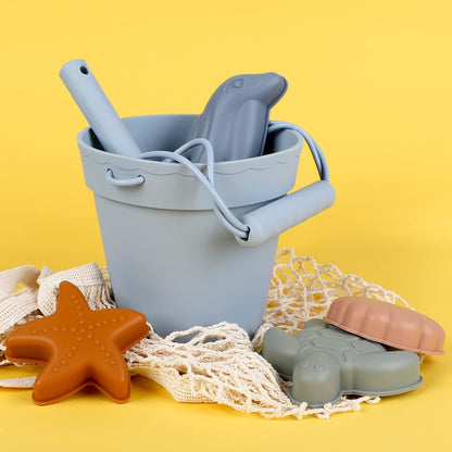 BLUE GINKGO Silicone Beach Toys - Modern Baby | Travel Friendly Toys Set | Silicone Bucket, Shovel, 4 Sand Molds, Beach Bag | Sand Toys for Toddlers, Kids - Yellow