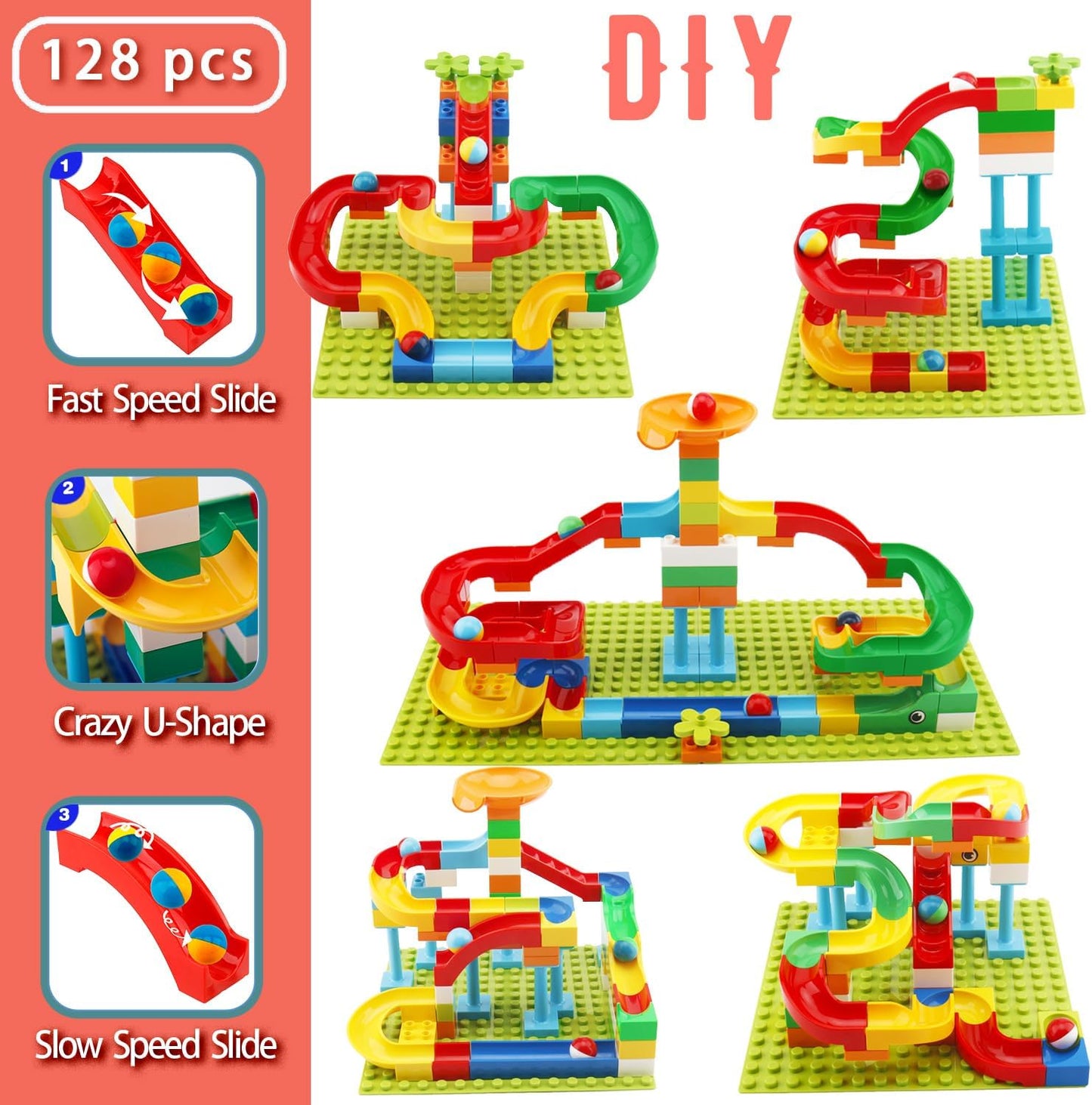 Anpcso Marble Run Building Blocks for Kids Age 3-8, 128 Pcs STEM Building Bricks Set with Toss Ring Game, Educational Learning Toys for Toddlers Boys Girls Gifts- Compatible with All Major Brands