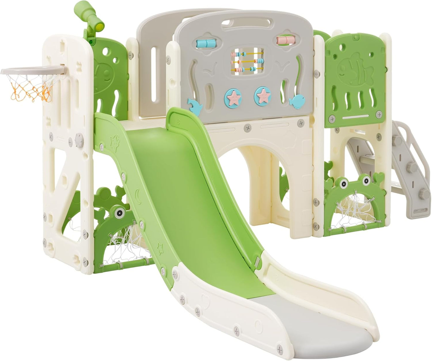 11in 1 Toddler Slide, Kid Slide for Toddlers Age 1-3 with Telescope, Basketball Hoop, and Telescope, Indoor Outdoor Playset Playground Blue Grey