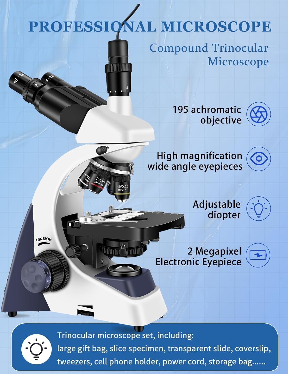 Microscopes for Adults WF10x and WF25x eyepieces Compound Microscope with Microscope Slides, Microscopes Kit for Kids Students Home School (Monocular Microscope with Big Bundle)