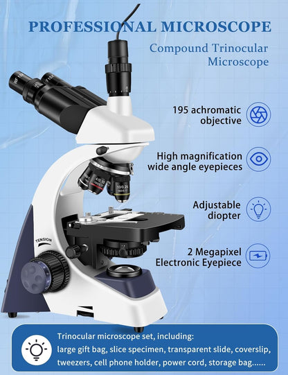 Microscopes for Adults WF10x and WF25x eyepieces Compound Microscope with Microscope Slides, Microscopes Kit for Kids Students Home School (Monocular Microscope with Big Bundle)