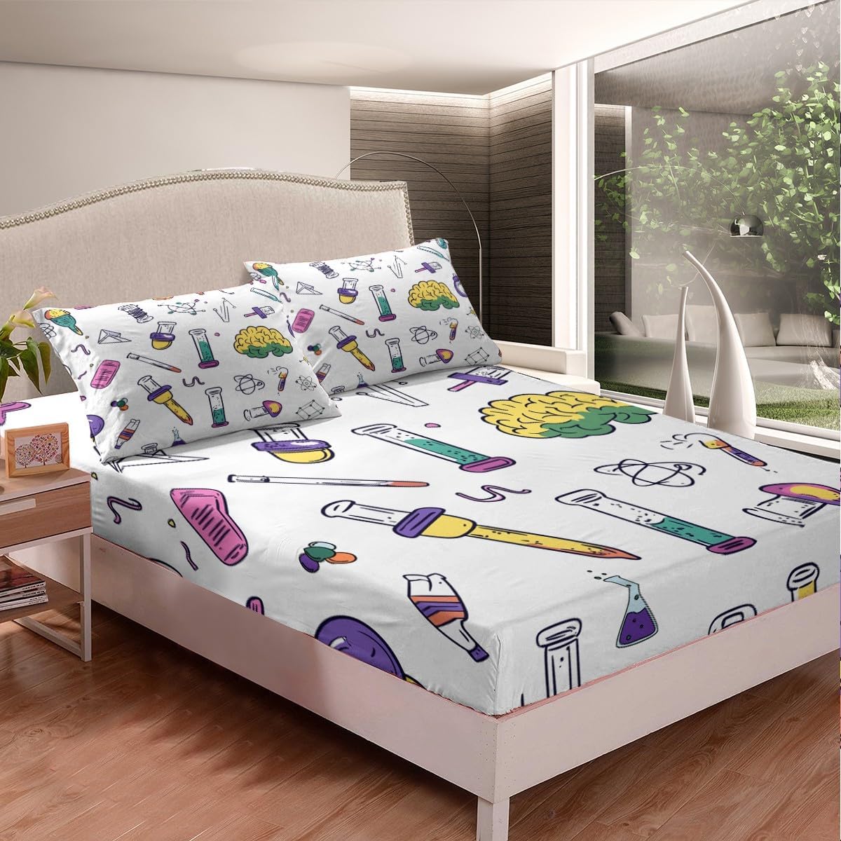 Erosebridal Science Theme Bed Sheets Set Full Size for Boys Girls Chemistry Periodic Table Print Sheet Set Chemical Subject Theme Sheets Teens Kids Math Science Atyle Fitted Sheet 4 Pcs