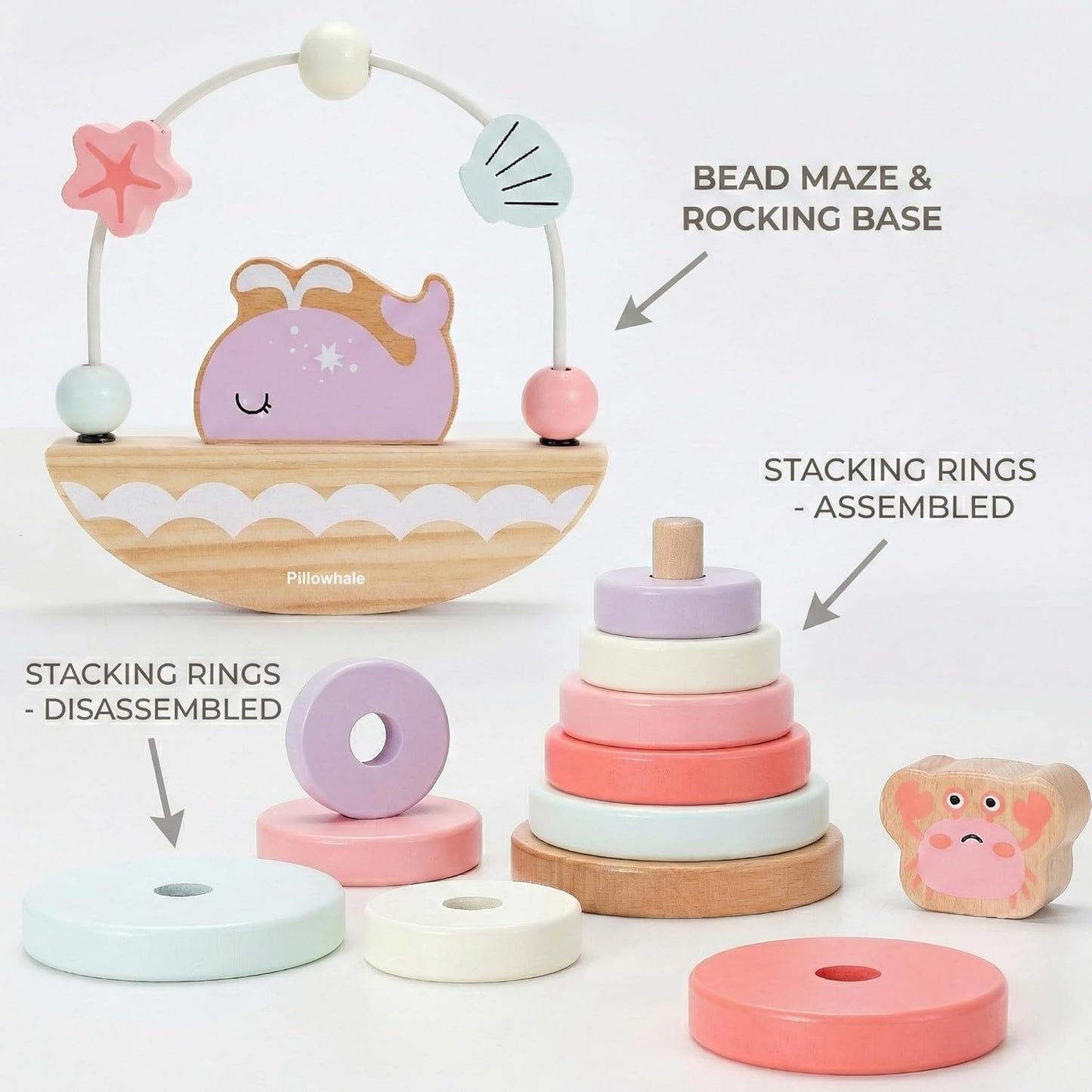 Pillowhale Montessori Wooden Toys Set for Toddlers 12M+ – 4-in-1 Educational Toy with Stacking Rings, Shape Sorter, Bead Maze & Push Car