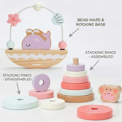 Pillowhale Montessori Wooden Toys Set for Toddlers 12M+ – 4-in-1 Educational Toy with Stacking Rings, Shape Sorter, Bead Maze & Push Car
