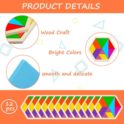 Meooeck 12 Pack Tangrams Wooden Puzzles Tangrams Set f Shape Puzzles Brain Logic Blocks for Games Educational Gifts for Adults Students(Notch Style)