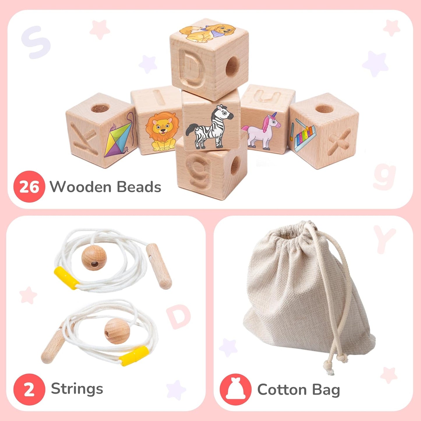 Bimi Boo Alphabet Lacing Beads for Toddlers - ABC Fine Motor Letter Threading Wooden Toy with Objects & Animals (26 Large Stringing Blocks, 2 Ropes, Cotton Bag)