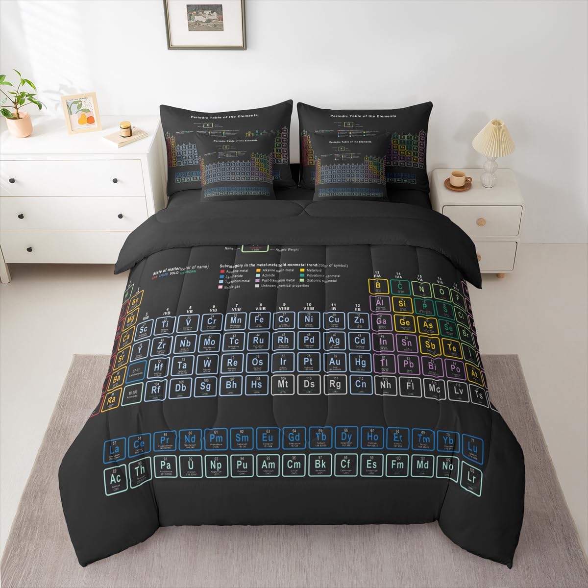 Erosebridal Chemistry Comforter Set with Sheets Full Size Periodic Table of Elements Bed in A Bag 7 Piece Science Chemistry Lovers Bedding Set for Kids Boys Children Bedroom Modern Black Bed Sets