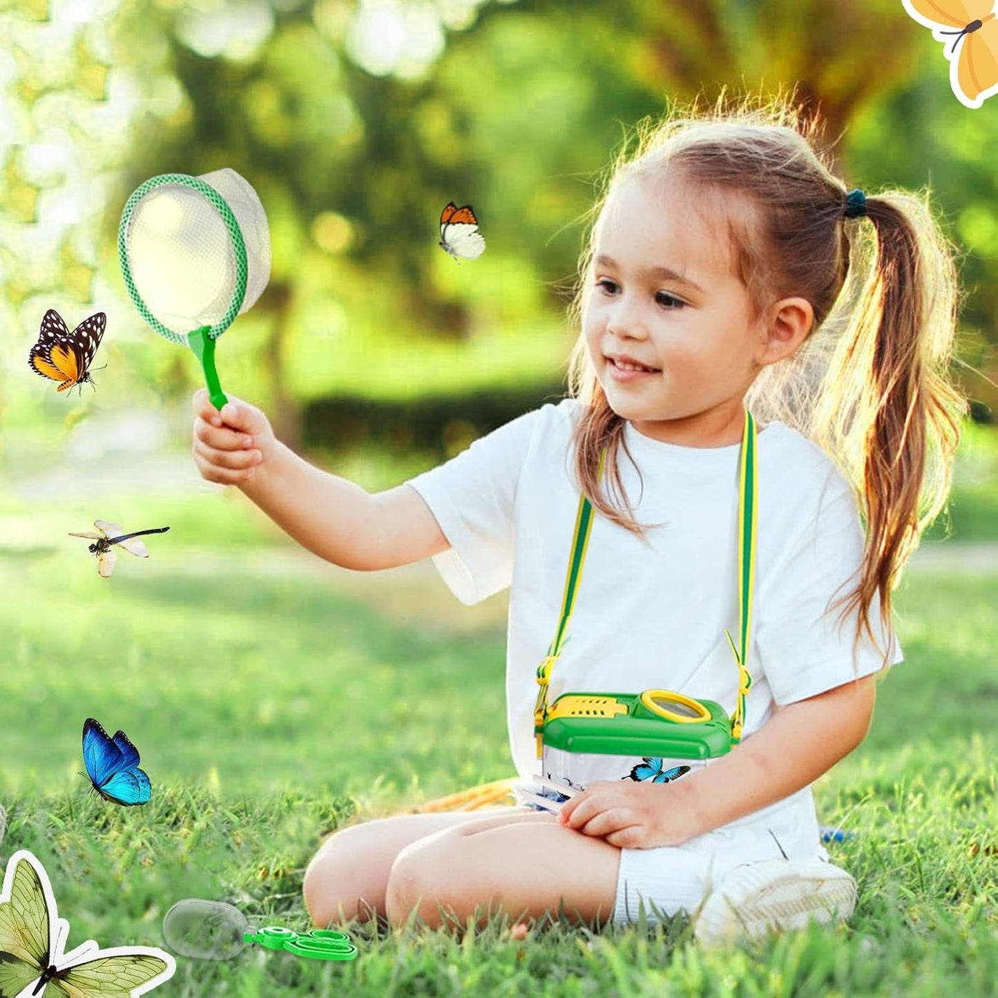 2 Set Bug Catcher for Kids- Educational Bug Catching Kit Including Butterfly Net, Insect Clip, Tweezer, Outdoor Toys for Kids Ages 3-10 (Pink & Green)