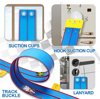 Flexible Race Track Toys for Kids, 15 Ft Double Lane Racetrack with 4 Cars & Suction Cups, Compatible with Hot Wheels & 1/64 Diecast Cars, Portable Roll Up Car Ramp Track Set for Ages 3+(Yellow&Blue)