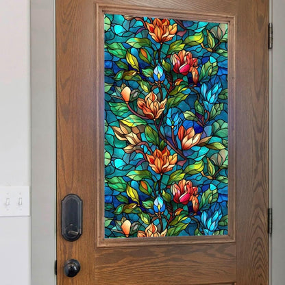 JOONOR Privacy Window Film Stained Glass Window Sticker Non-Adhesive Frosted Glass Film Decorative Magnolia Flower Pattern Static Cling Decals for Home UV Blocking/Heat Insulation 17.7 x 39.4 Inch