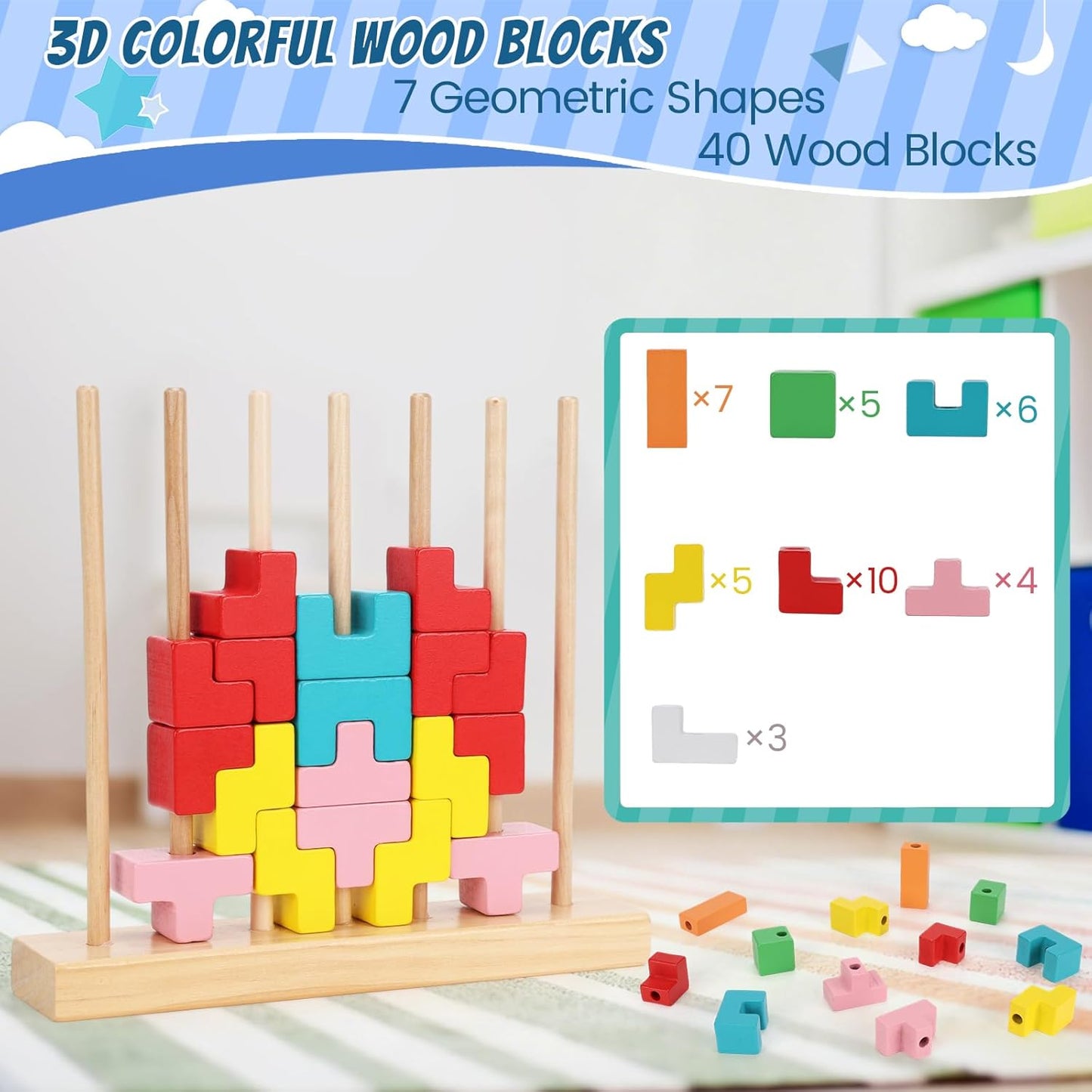 Wooden Stacking Puzzle Toy, 3D Colorful Wood Russian Blocks Puzzle Games Brain Teasers Montessori Toys for Toddler Kids 3 4 5 6 7 Years Old Boys Girls (Colorful B)