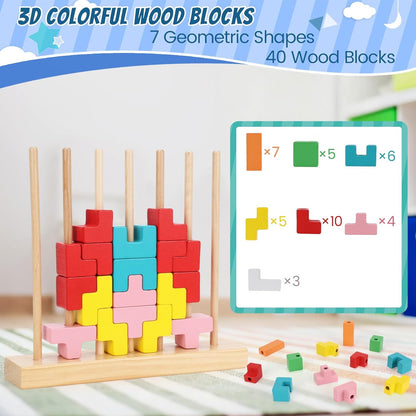 Wooden Stacking Puzzle Toy, 3D Colorful Wood Russian Blocks Puzzle Games Brain Teasers Montessori Toys for Toddler Kids 3 4 5 6 7 Years Old Boys Girls (Colorful B)