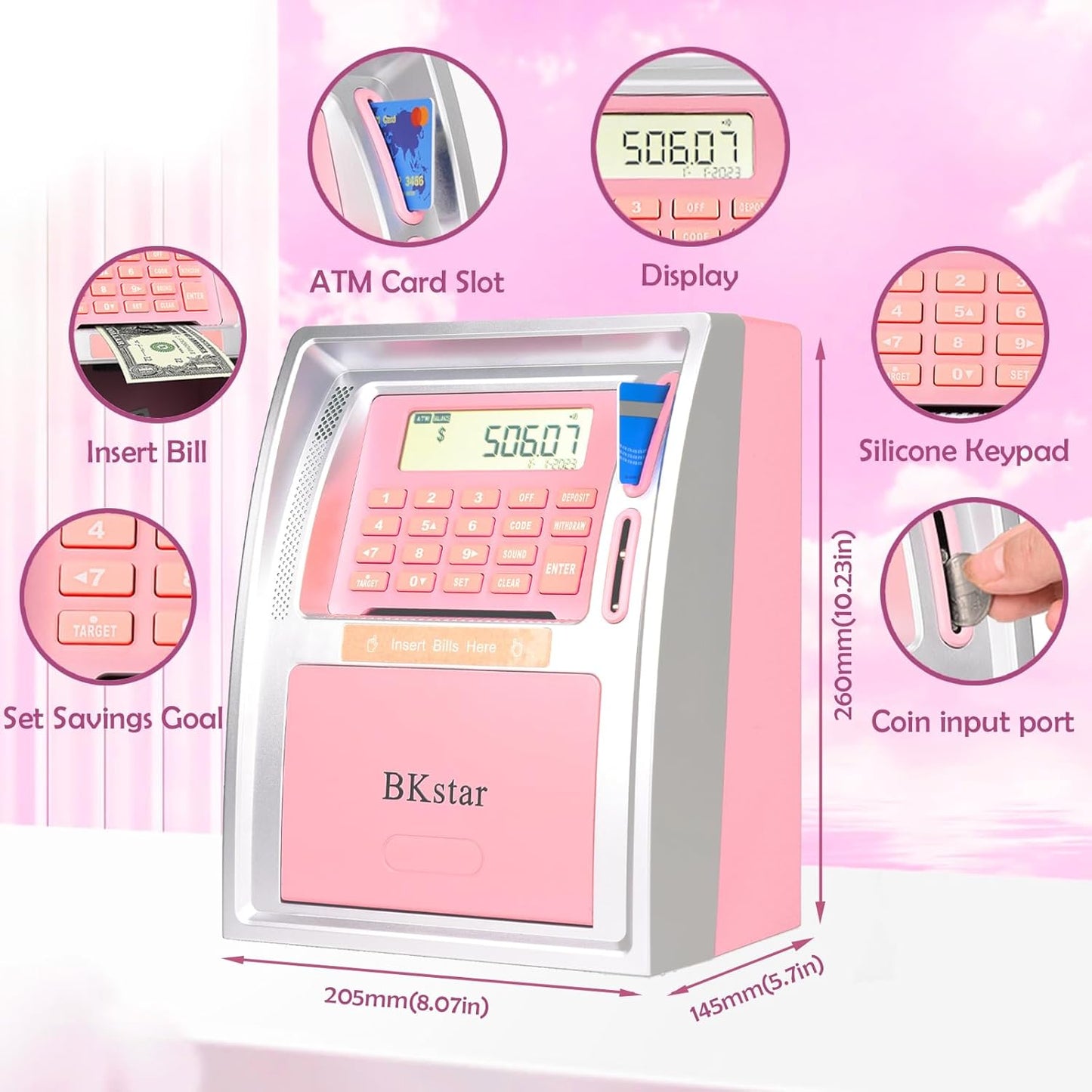 BKstar Kids Talking ATM Piggy Bank for Real Money with Dual Debit Cards, Power-Off Memory, Auto-Opening Drawer, Onekey Shutdown, Bill Feeder, Coin Recognition, Balance Calculator Machine