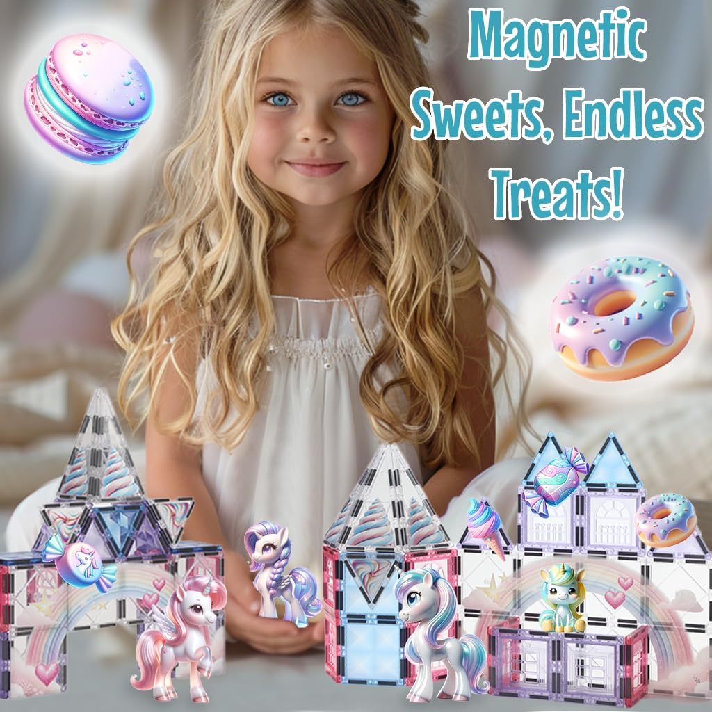 Little Pi 104pcs Frozen Princess Castle Magnetic Tiles Building Blocks - 3D Diamond Blocks, STEM Educational Toddler Toys for Pretend Play, 4 Year Old Girl Birthday Gifts Kids Ages 3 5 6 7 8 - Pink