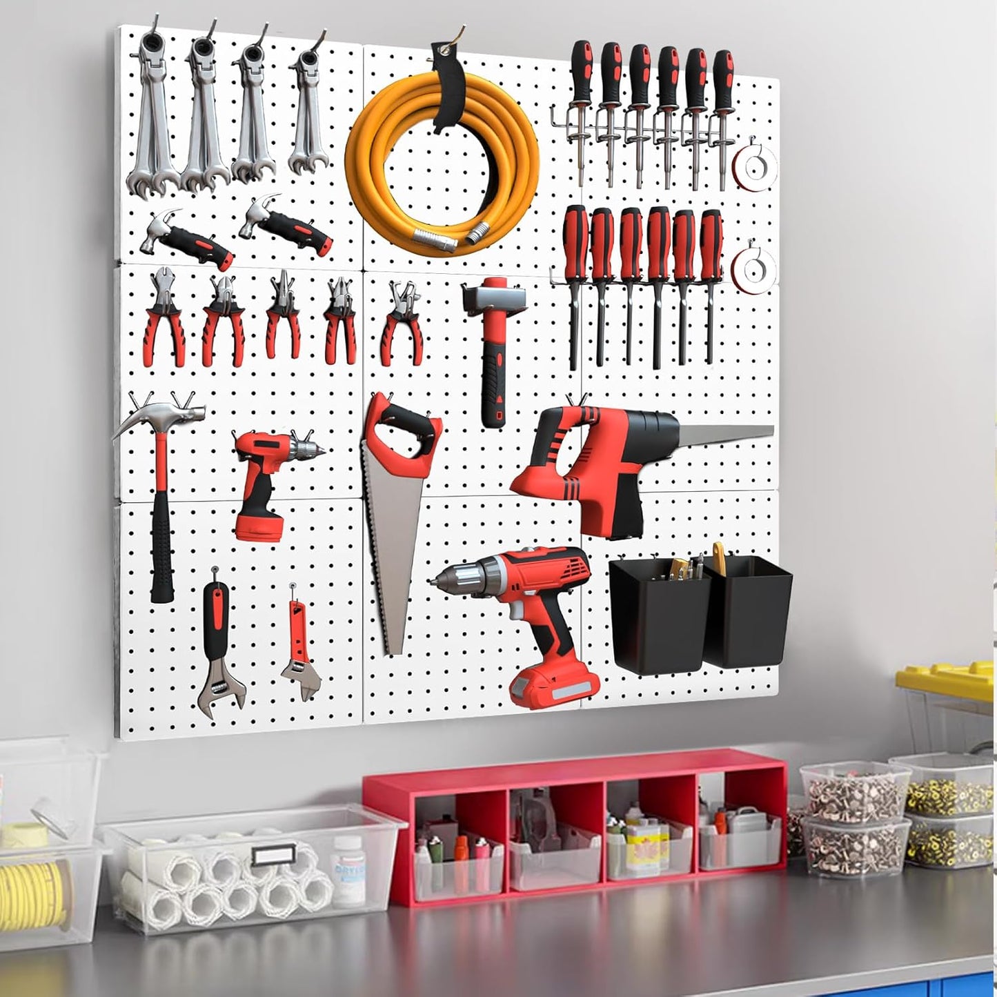 Peg Board, 4PCS Metal Pegboard Wall Organizer. Heavy Duty Pegboard, Peg Boards, Pegboard for Walls, White Pegboard for Garage Craft Room Workbench Office Kitchen Tool Organization, 12"*12"