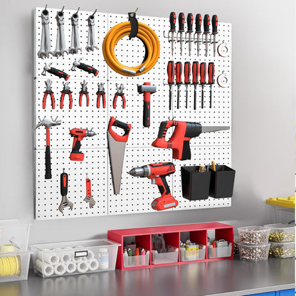 Peg Board, 4PCS Metal Pegboard Wall Organizer. Heavy Duty Pegboard, Peg Boards, Pegboard for Walls, White Pegboard for Garage Craft Room Workbench Office Kitchen Tool Organization, 12"*12"