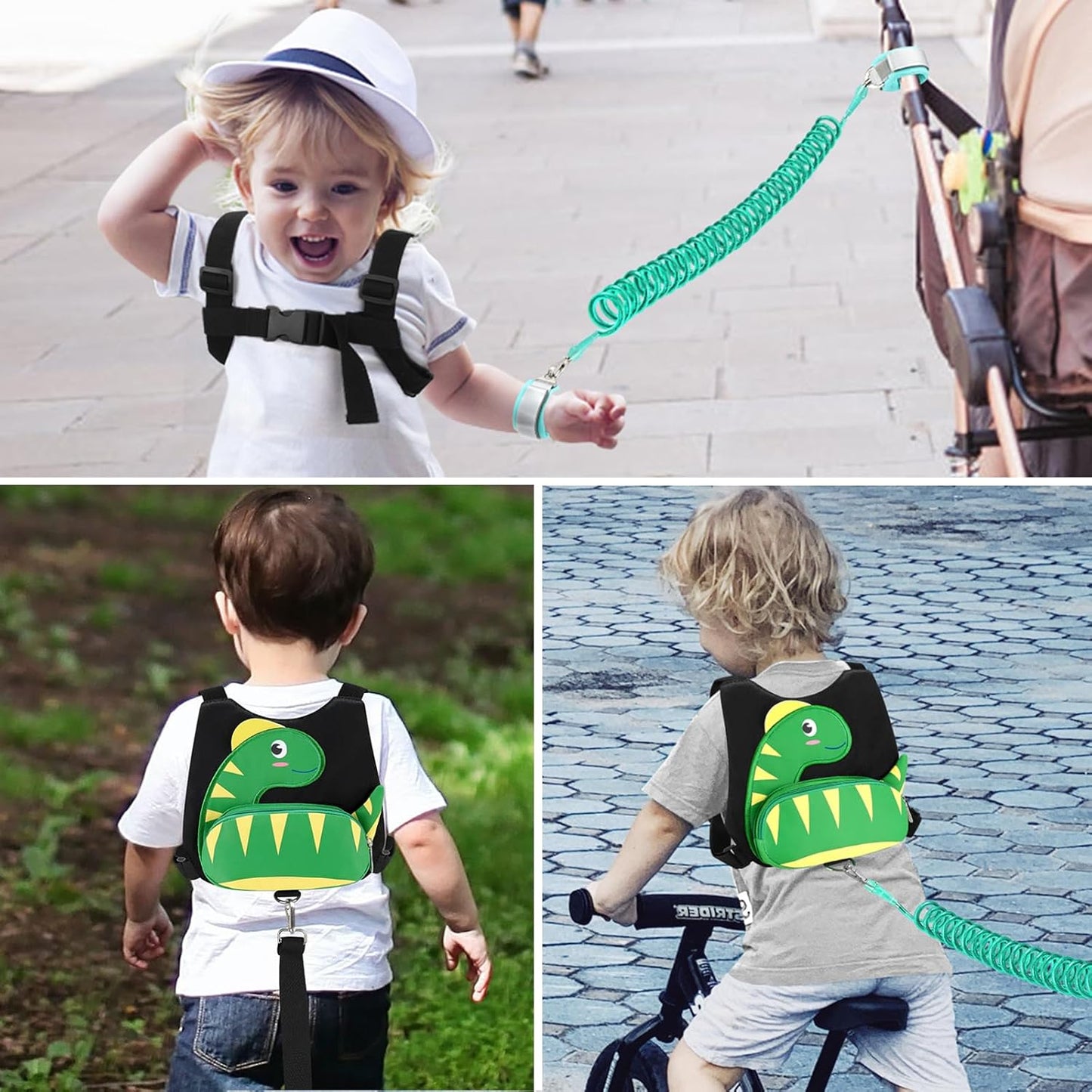 3 in 1 Toddler Harness Leash + Baby Anti Lost Wrist Link, Accmor Cute Dinosaur Child Safety Harness Tether, Kids Walking Wristband Assistant Strap Belt for Parent Boys Outdoor Activity (Black)
