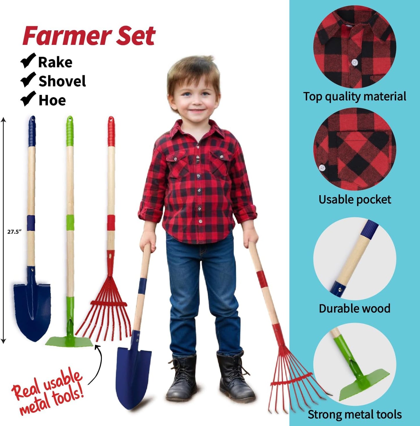 Born Toys Kids Garden Set for Boys & Girls Ages 3-7, Toddler Gardening Kit with Kids Gardening Tools - Gardening Apron, Gloves, Hat, Working Spray Bottle, Trowel Shovel & Rake, Outdoor Activity Toys