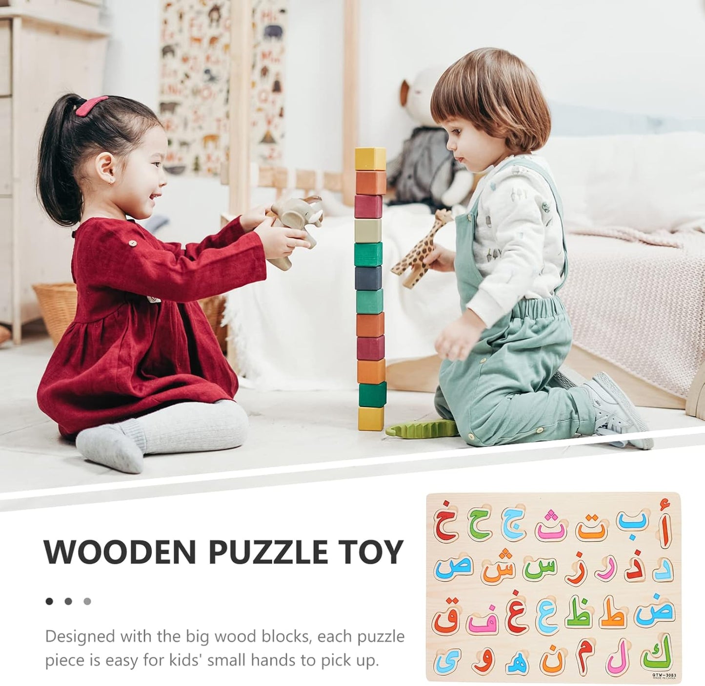 Toddle Arabic Alphabet Puzzle: Learning Arabic Letter Montessori for Kids - 3D Number Hand Grip Blocks Jigsaw Puzzle Board Preschool Educational Developing Toy
