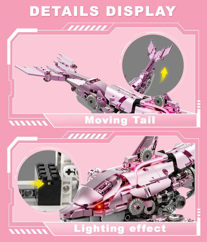 Moving Mechanical Dolphin Building Set - Hand Crank Model Kit with Swimming Tail, Movable Jaw & Glowing Lights | STEM Educational Toy & Unique Desk Decor for Ages 8+, Adults, Blue