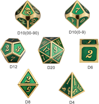 DnDnD Heavy Polyhedral Metal Dice Set with Metal Box, 7-die Shiny Blue Surface with Golden Number for RPG,Dungeons and Dragons,Pathfinder,Shadowrun,D&D,Role Palying Game and Math Teaching - Colors A