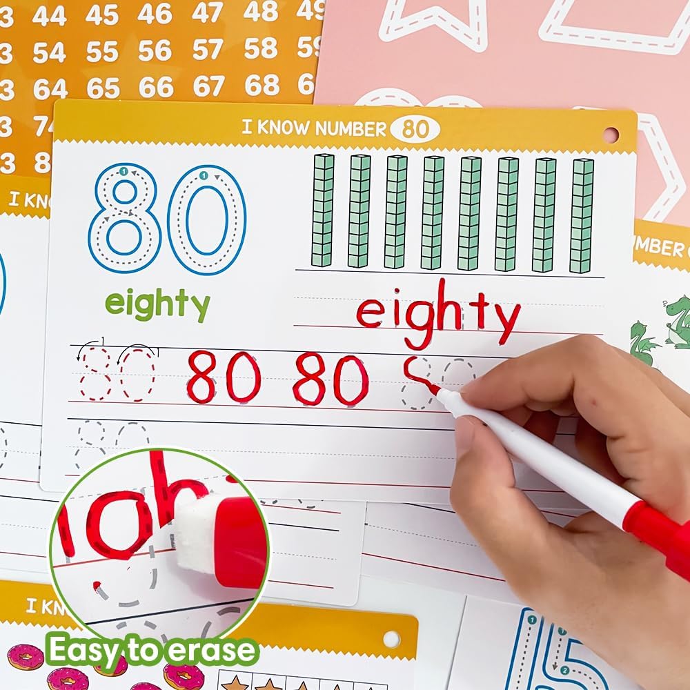 Lachilly 1-100 Double-Side Flashcards - Dry Erase Handwriting Practice Learning Tracing Number Flash Cards - Preschool Pre Kindergarten Educational Resources for Toddlers Age 3-5