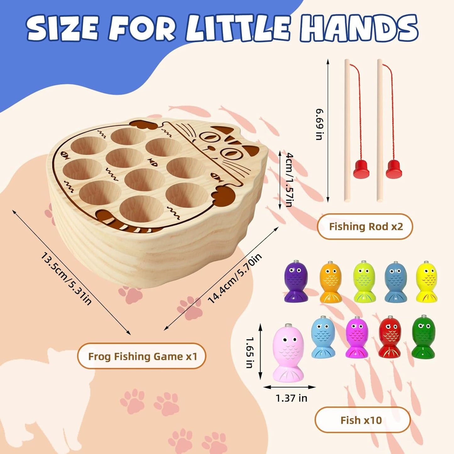Wooden Magnetic Fishing Game for Toddlers 1-3, Montessori Sensory Busy Board Fine Motor Skills Toys for 1 2 3 Years Old Boys Girls (Frog B-Fish Game)