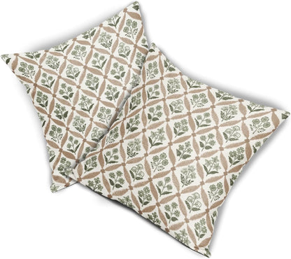 Blue Green Floral Block Print Pillow Covers 12X20 Set of 2, Flower Pattern Spring Summer Print Decorative Throw Pillow Covers Outdoor Farmhouse Seasonal Cushion Case Couch Sofa Bed Decor