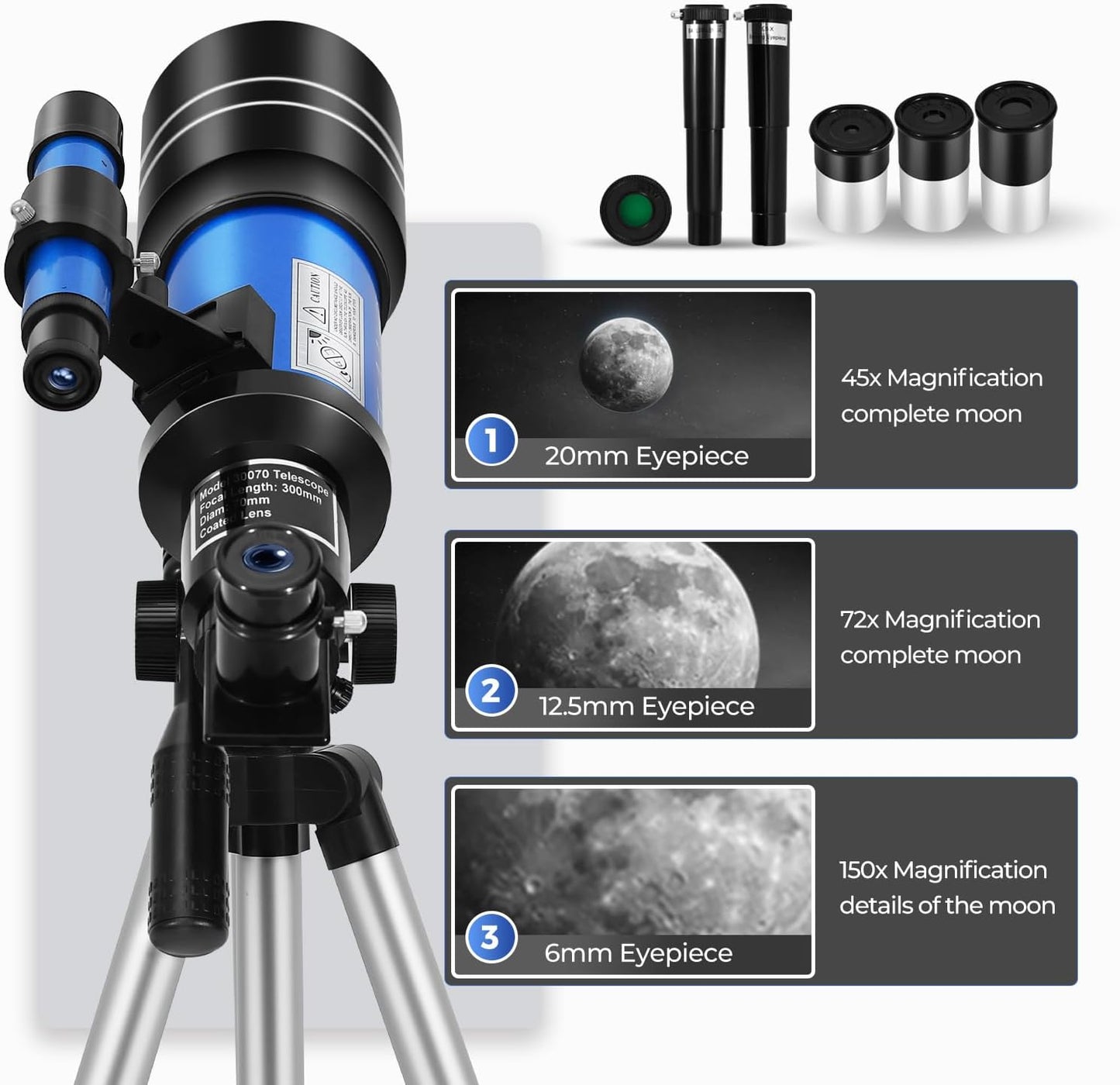 ESAKO Telescope for Kids & Beginners, 70mm Aperture Portable Telescopes with 3 Eyepieces, Height Adjustable Tripod & Phone Adapter & Remote Control Gift for Christmas