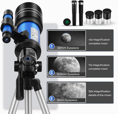 ESAKO Telescope for Kids & Beginners, 70mm Aperture Portable Telescopes with 3 Eyepieces, Height Adjustable Tripod & Phone Adapter & Remote Control Gift for Christmas