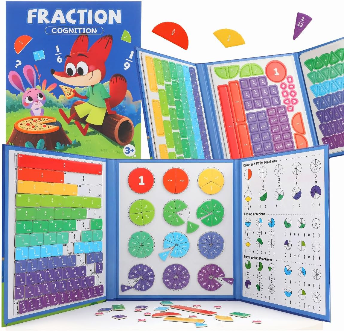 Magnetic Fraction Educational Puzzle,Magnetic Fraction Tiles & Fraction Circles,Montessori Fraction Manipulatives Learning Games for Kids,Fraction Manipulatives for Elementary School (Zebra)