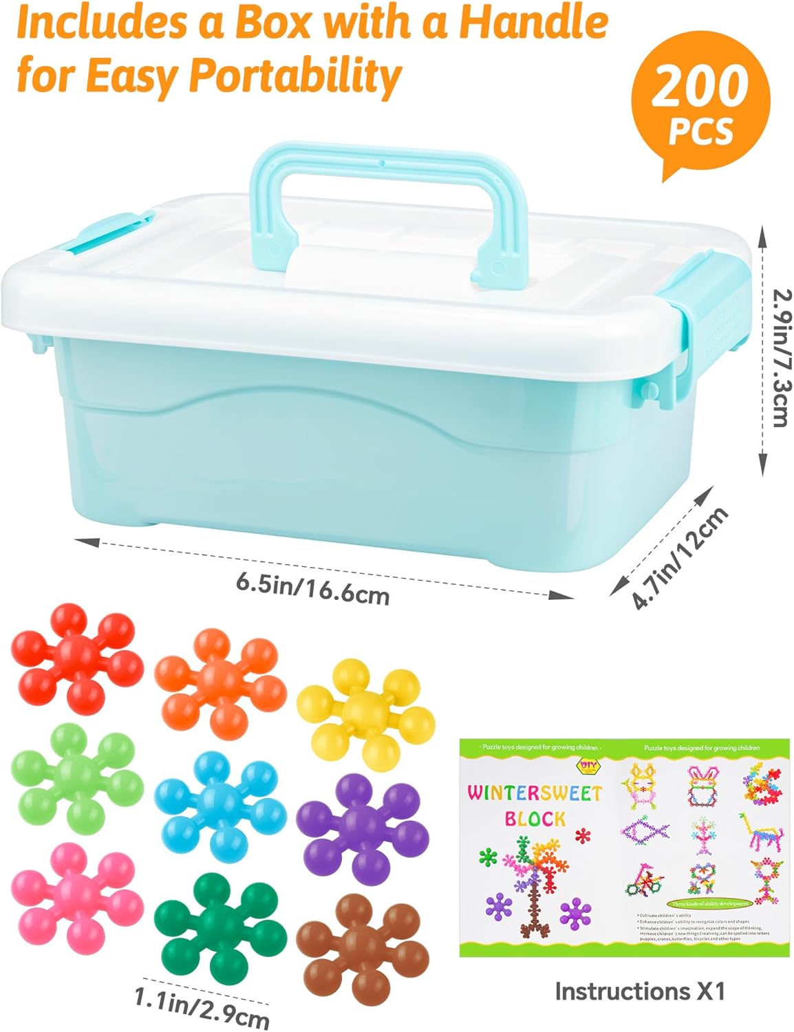 Snowflake Interlocking Building Block Educational Toy 300PCS for Kids Ages 3+, Multi-Color Solid Plastic Early Learning Creativity STEM Toy with Carrying Case Safe Material