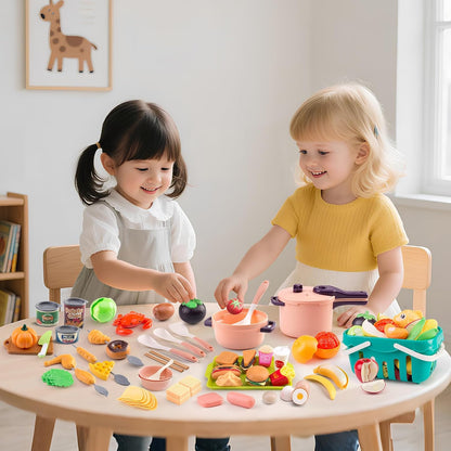 60Pcs Kids Mini Play Kitchen Accessories, Pretend Cooking Play Set with Cookware, Tableware & Fruit & BBQ Sets, Learning Gift for Boys, Girls, Toddlers,Yellow
