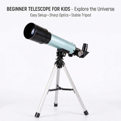 Telescope for Beginners, 90X Portable Astronomical Refractor with 15" Tabletop Tripod, 2 Eyepieces & 1.5X Barlow Lens, 50mm Aperture, Ideal STEM Science Gift for Kids to Explore Moon Space