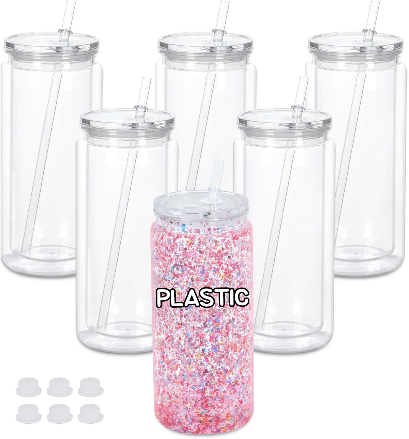 20 Oz Plastic Snowglobe Tumbler, 4 Pack Pre-Drilled Double Wall Acrylic Snow Globe Cup, Plastic Clear Cup for Snowglobe, with Clear Lid