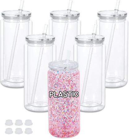 20 Oz Plastic Snowglobe Tumbler, 4 Pack Pre-Drilled Double Wall Acrylic Snow Globe Cup, Plastic Clear Cup for Snowglobe, with Clear Lid