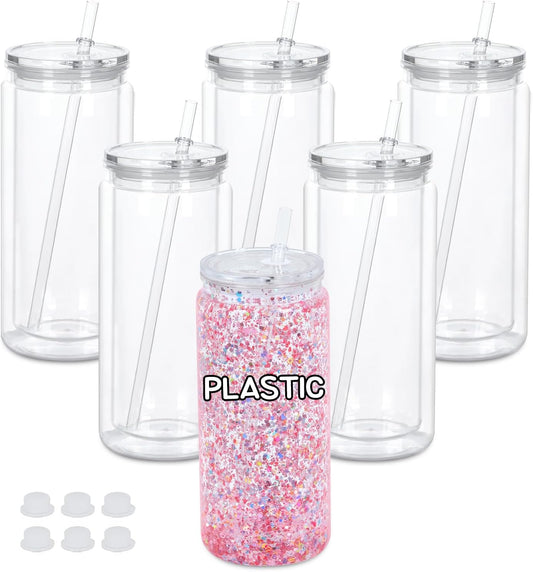 20 Oz Plastic Snowglobe Tumbler, 4 Pack Pre-Drilled Double Wall Acrylic Snow Globe Cup, Plastic Clear Cup for Snowglobe, with Clear Lid