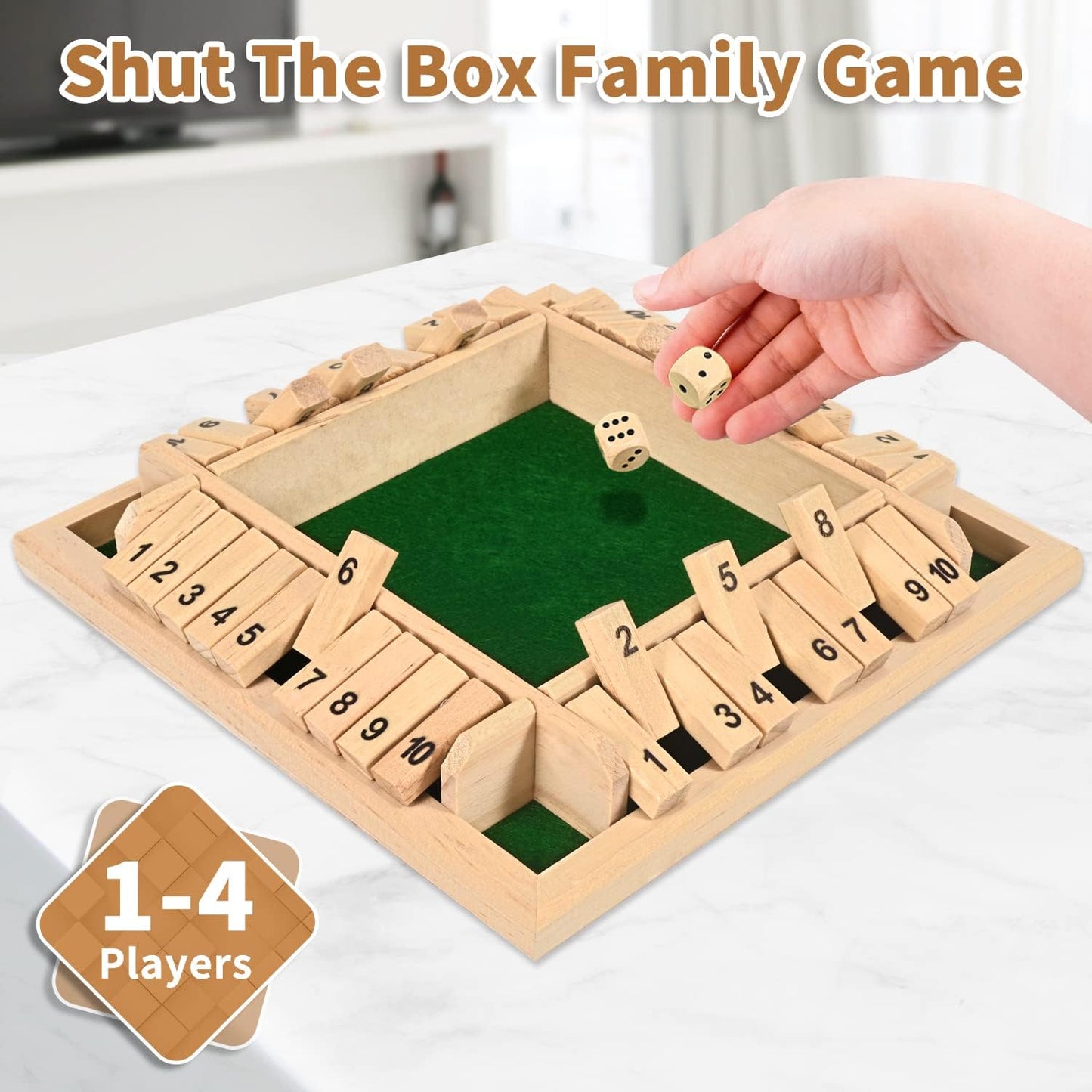 1-4 Players Shut The Box Dice Game, 10 Numbers Traditional Wooden Pub Bar Board Family Table Mat Game Dice for Adults