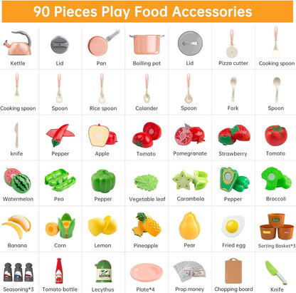 150Pcs Kitchen Playset, Toddlers Pretend Cooking Cookware Accessories, Food, Picnic Blanket, Fruits, Veges, 2Pack Shopping Storage Basket, Dessert and Prop Money, Gift for Kids (Pink)