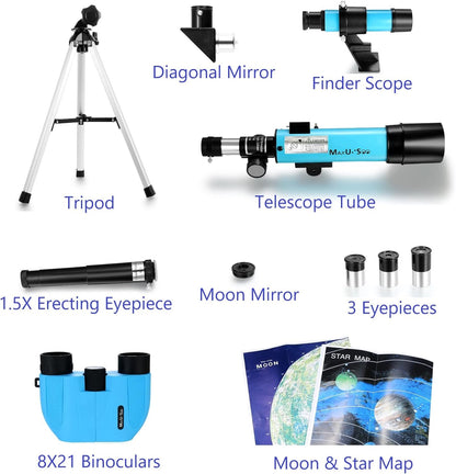 Lunar Telescope for Kids and Astronomy Beginners, Refractor Telescope with Finder Scope and 3 Eyepieces, Travel Telescope with Compact HD Binoculars for Moon Viewing Bird Watching Sightseeing