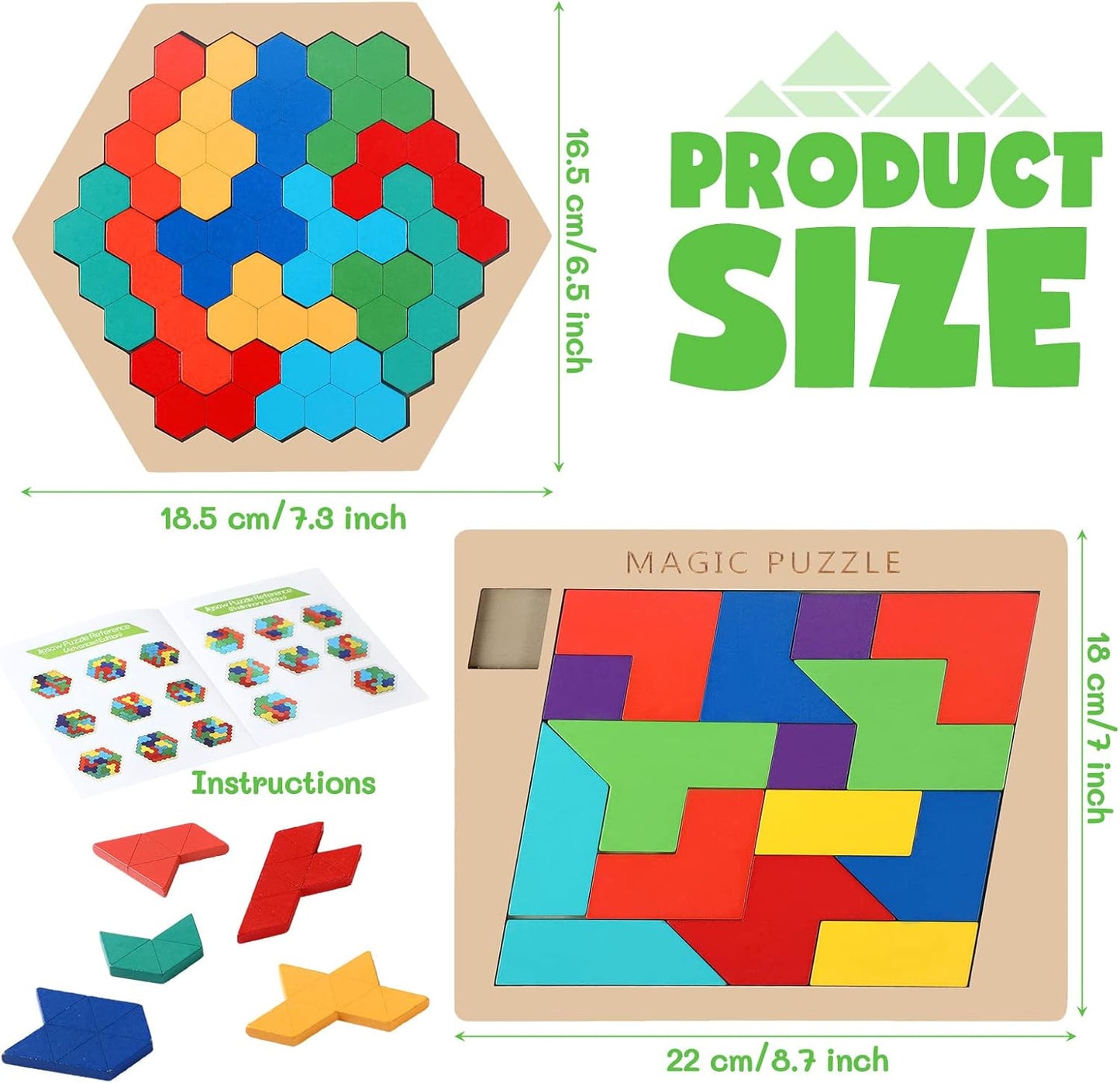 Yunsailing 3 Pack Large Hexagon Tangram Puzzle Wooden Brain Puzzles for Adult Challenge Wood Russian Blocks Brain Teasers Geometric Jigsaw Block Logic Iq Stem Family Graduation Gifts(Vintage)