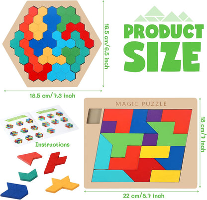 Yunsailing 3 Pack Large Hexagon Tangram Puzzle Wooden Brain Puzzles for Adult Challenge Wood Russian Blocks Brain Teasers Geometric Jigsaw Block Logic Iq Stem Family Graduation Gifts(Vintage)