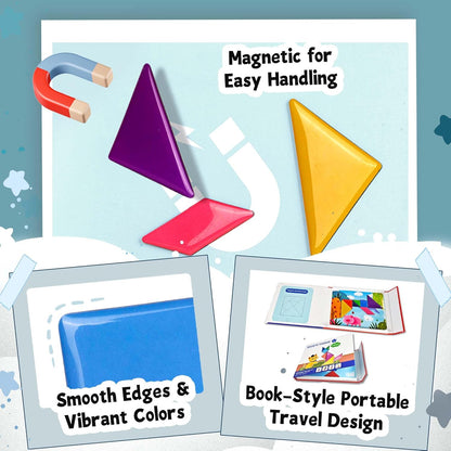 Tangram Magnetic Pattern Board with 30 Theme Pages & 368 Solutions Patterns Booklet, Magnet Games for Kids Ages 4-8 with Portable Box, Tangram Magnetic Pattern Board, Magnet Games for Kids Ages 4-8